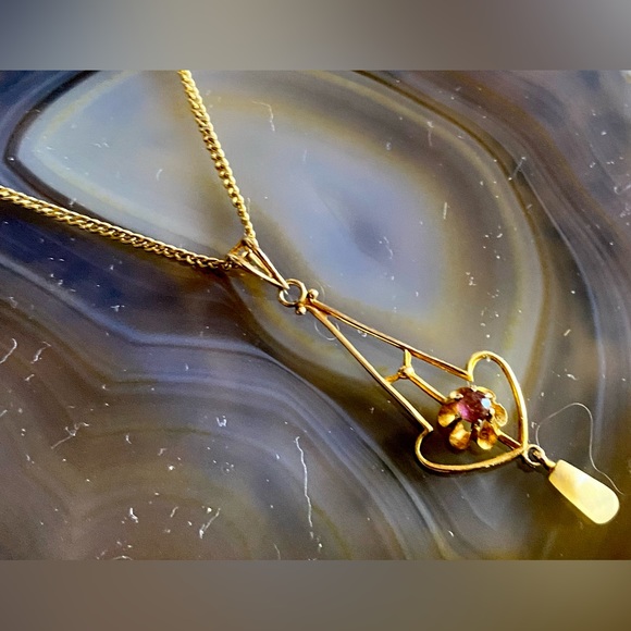 Antique Victorian Edwardian 10K Yellow Gold Lavaliere & Chain Gem Pearl Stamped - Picture 5 of 16